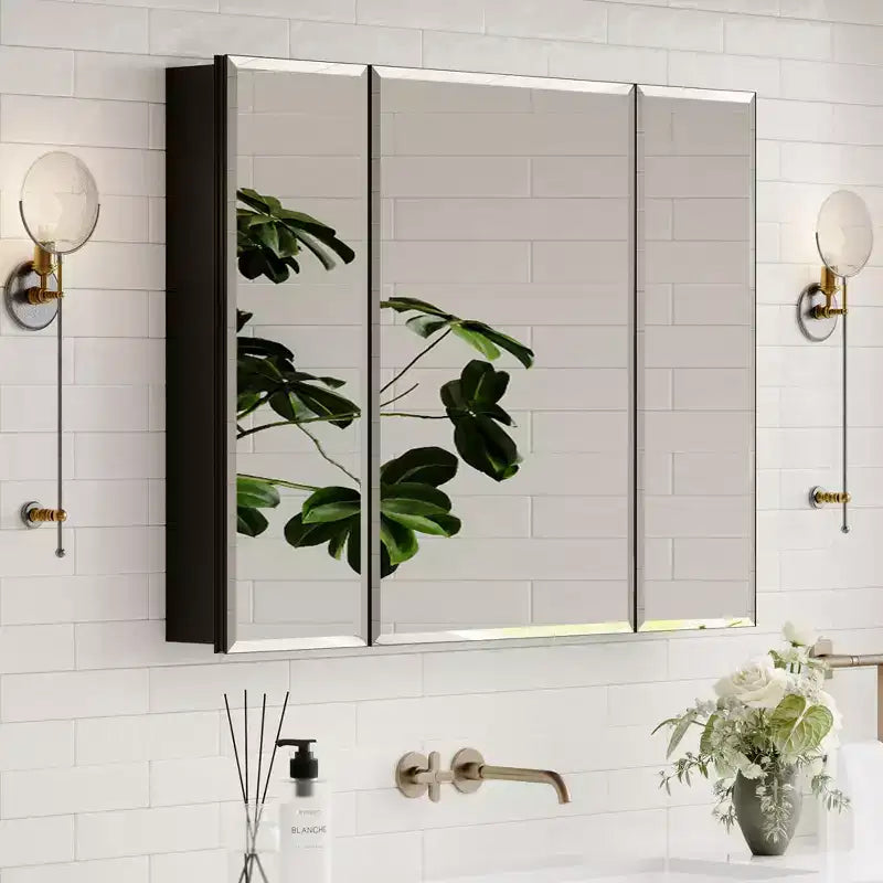 Pensile da bagno a specchio Belle, mobile a incasso/da parete per bagno, specchio bisellato, ripiani regolabili in vetro temperato, nero
