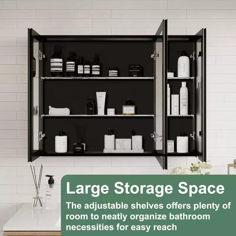 Pensile da bagno a specchio Belle, mobile a incasso/da parete per bagno, specchio bisellato, ripiani regolabili in vetro temperato, nero