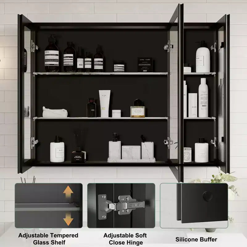 Pensile da bagno a specchio Belle, mobile a incasso/da parete per bagno, specchio bisellato, ripiani regolabili in vetro temperato, nero
