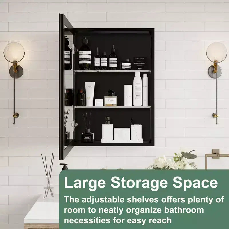 Pensile da bagno a specchio Belle, mobile a incasso/da parete per bagno, specchio bisellato, ripiani regolabili in vetro temperato, nero