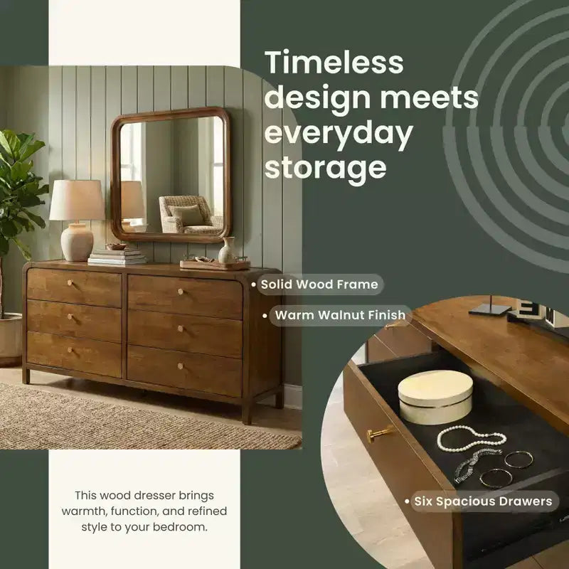 Set camera da letto in noce da 6 pezzi: letto a piattaforma, comò, specchio, 2 comodini e cassettiera