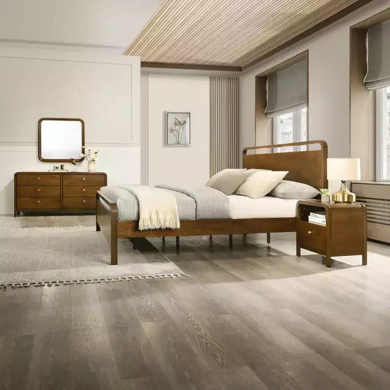 Set camera da letto in noce da 6 pezzi: letto a piattaforma, comò, specchio, 2 comodini e cassettiera