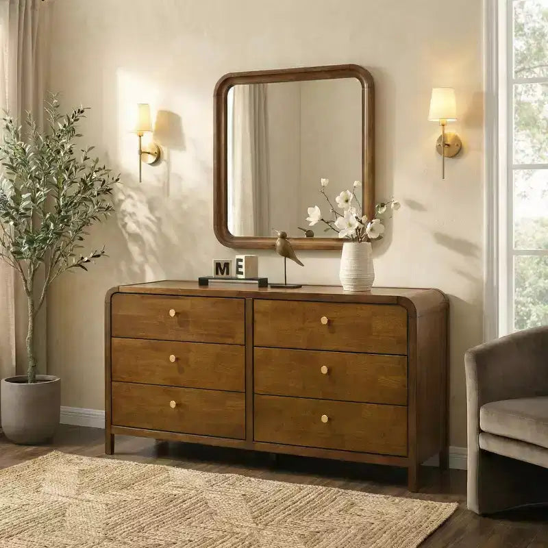 Set camera da letto in noce da 6 pezzi: letto a piattaforma, comò, specchio, 2 comodini e cassettiera