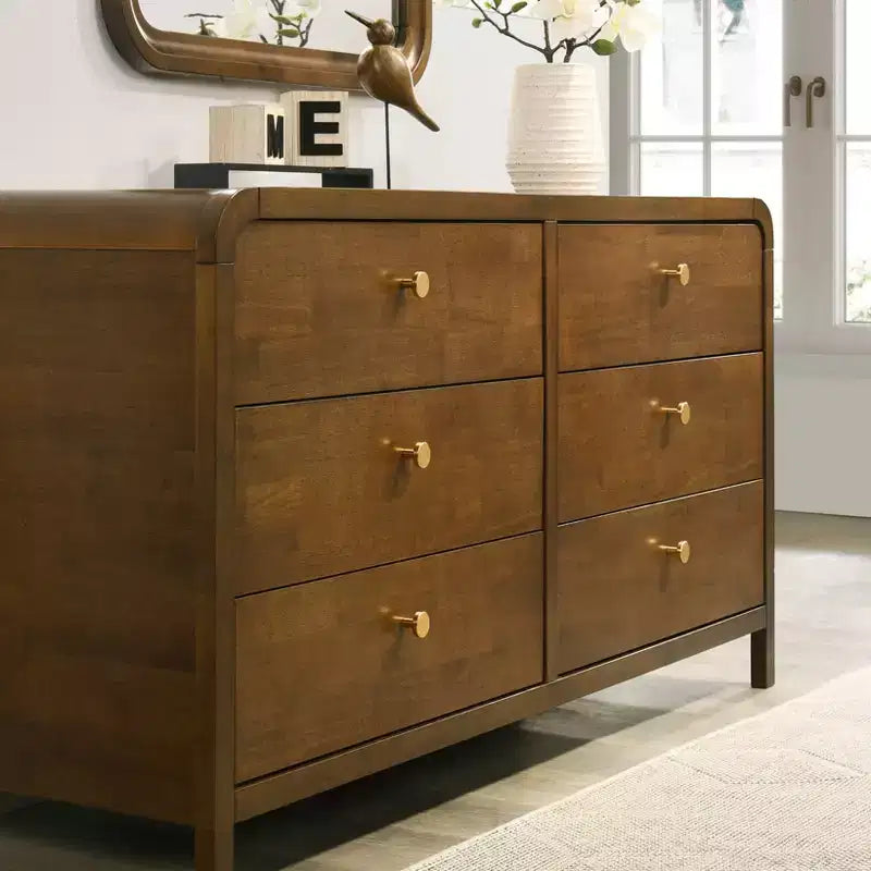 Set camera da letto in noce da 6 pezzi: letto a piattaforma, comò, specchio, 2 comodini e cassettiera