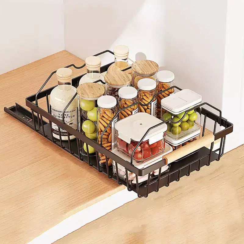 Sturdy Slide-Out Black Storage Basket, Easy Carry Pull-Out Cabinet Organizer with 2 Iron Wires, No Drill Install