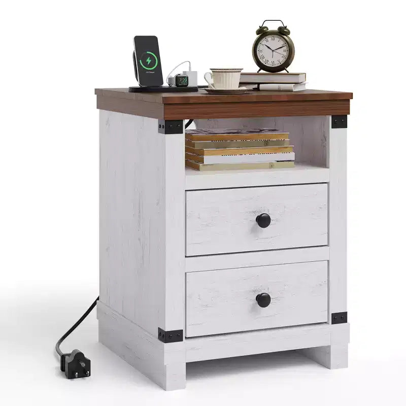 Comodino da Fattoria, 2 Cassetti e Ripiano Aperto, Tavolino Moderno Rustico per Camera da Letto/Soggiorno/Piccoli Spazi, Robusto Tavolino con Contenitore