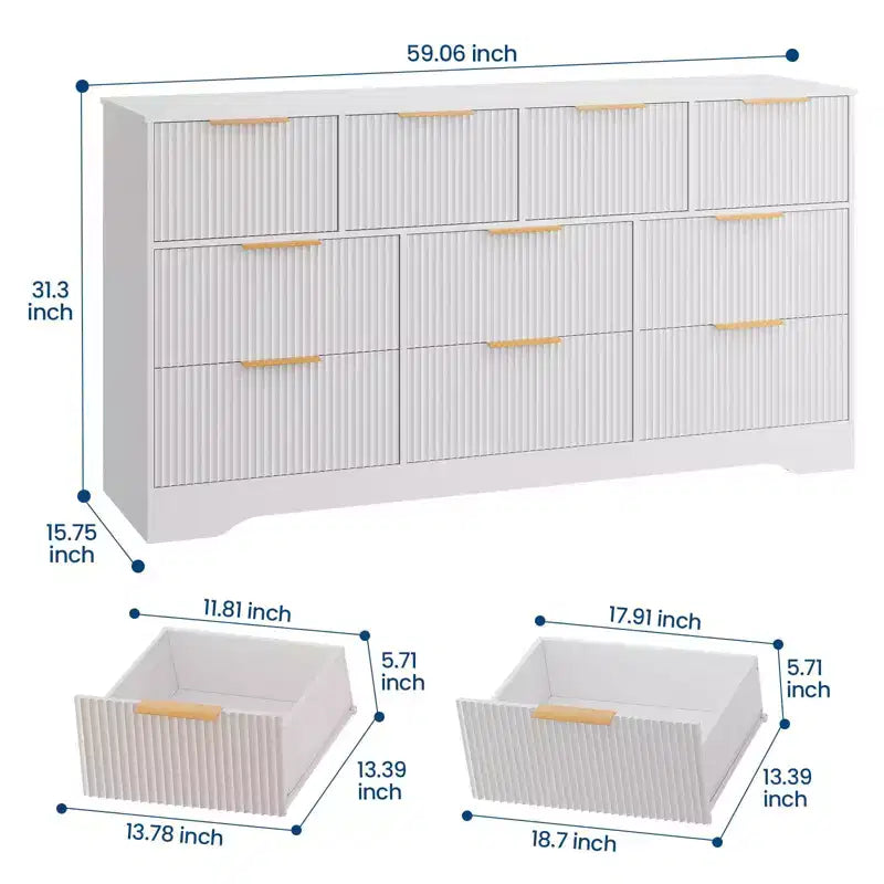 Cassettiera scanalata per camera da letto, comò doppio a 10 cassetti con maniglie dorate, mobile moderno per camera da letto e organizzazione dell'armadio