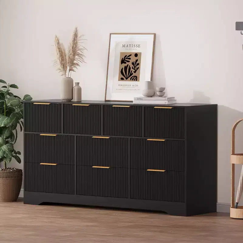 Cassettiera scanalata per camera da letto, comò doppio a 10 cassetti con maniglie dorate, mobile moderno per camera da letto e organizzazione dell'armadio