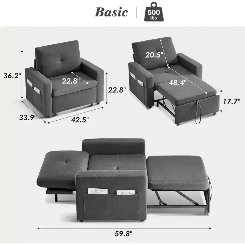 Poltrona letto convertibile 3-in-1 da 42,5" con schienale regolabile e tasche laterali