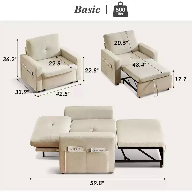 Poltrona letto convertibile 3-in-1 da 42,5" con schienale regolabile e tasche laterali