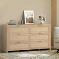 Acekool Boho Rattan Dresser, 6 Drawer Storage Cabinet with Gold Handles and Casters, Wood Grain Organizer for Bedroom Living Room