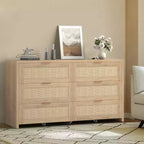 Acekool Boho Rattan Dresser, 6 Drawer Storage Cabinet with Gold Handles and Casters, Wood Grain Organizer for Bedroom Living Room