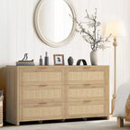 Cassettiera Bohémien in Rattan a 6 Cassetti con Maniglie Dorate, Rotelle e Finitura Effetto Legno