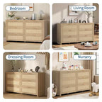 Cassettiera Bohémien in Rattan a 6 Cassetti con Maniglie Dorate, Rotelle e Finitura Effetto Legno