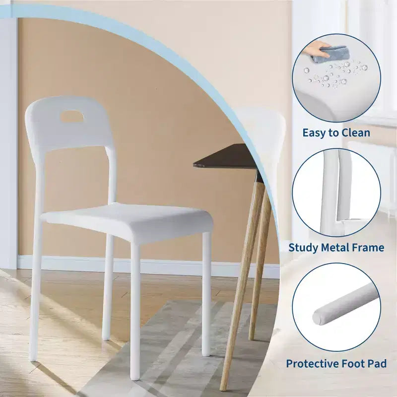 Set di 4 sedie da pranzo impilabili moderne, seduta in plastica bianca con gambe in metallo, schienale ergonomico, impermeabile e resistente alle macchie, sedie per interni ed esterni