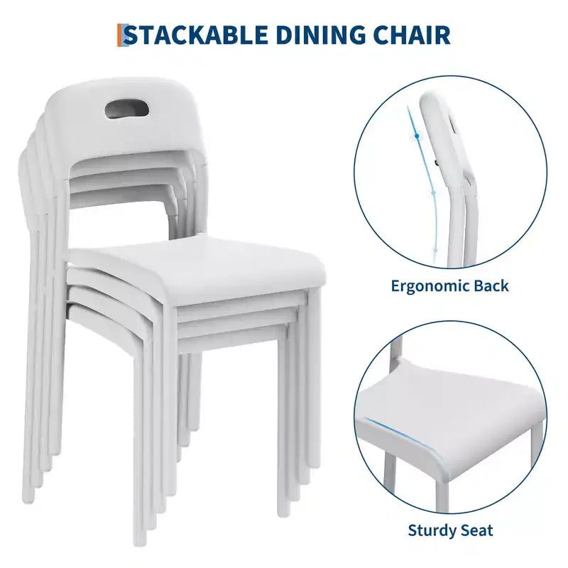 Set di 4 sedie da pranzo impilabili moderne, seduta in plastica bianca con gambe in metallo, schienale ergonomico, impermeabile e resistente alle macchie, sedie per interni ed esterni