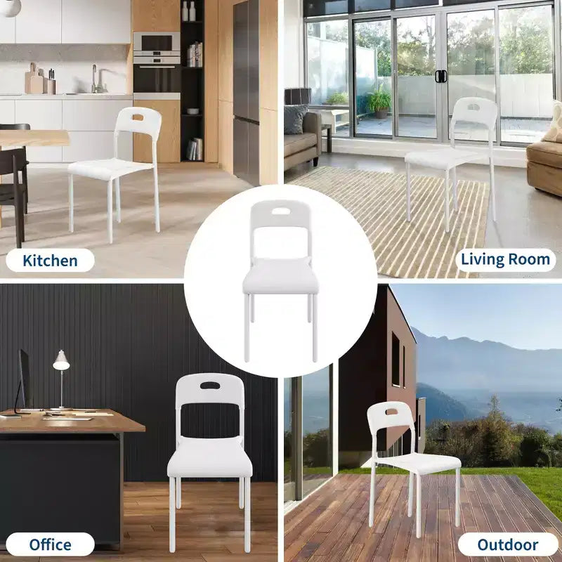 Set di 4 sedie da pranzo impilabili moderne, seduta in plastica bianca con gambe in metallo, schienale ergonomico, impermeabile e resistente alle macchie, sedie per interni ed esterni