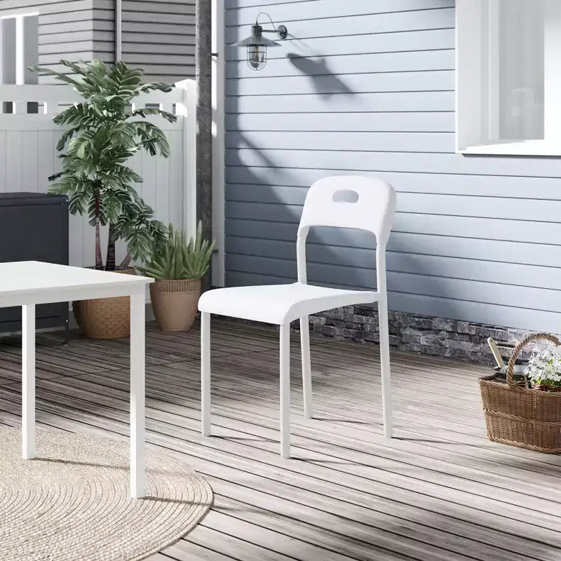 Set di 4 sedie da pranzo impilabili moderne, seduta in plastica bianca con gambe in metallo, schienale ergonomico, impermeabile e resistente alle macchie, sedie per interni ed esterni