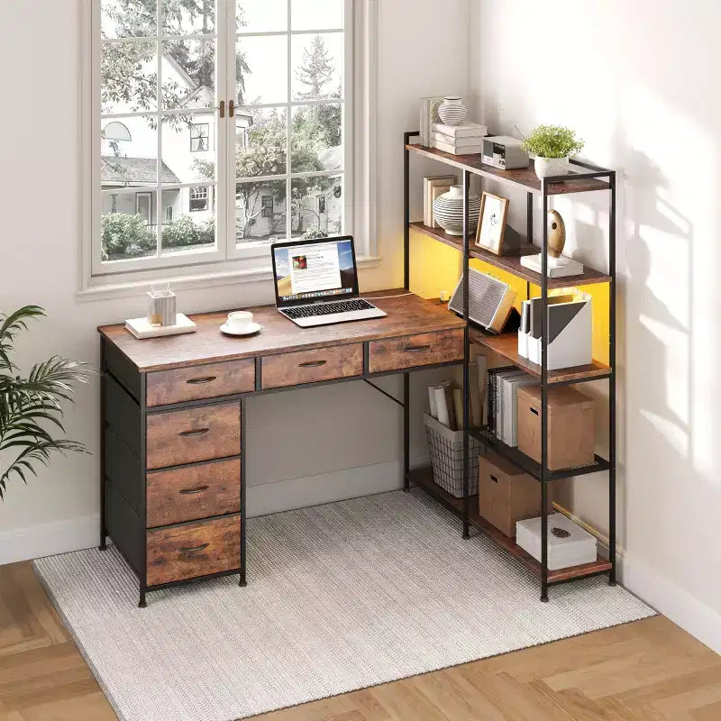 Scrivania da gaming a L per computer con 6 cassetti in tessuto e mensole aperte, scrivania angolare per PC gaming per configurazione Home Office
