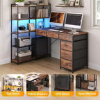 Scrivania da gaming a L per computer con 6 cassetti in tessuto e mensole aperte, scrivania angolare per PC gaming per configurazione Home Office