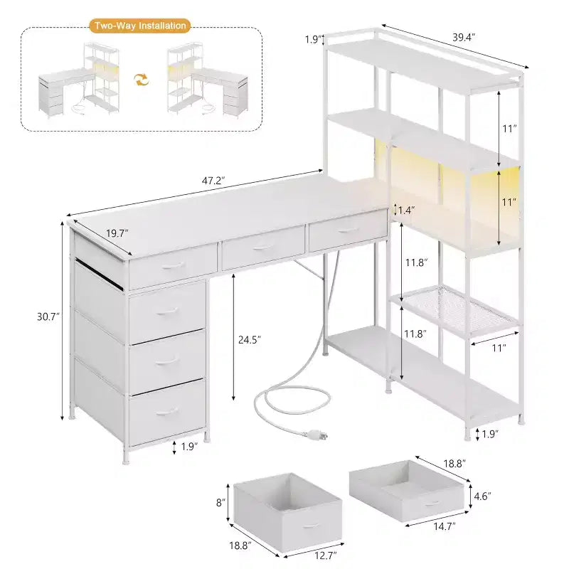 Scrivania da gaming a L per computer con 6 cassetti in tessuto e mensole aperte, scrivania angolare per PC gaming per configurazione Home Office