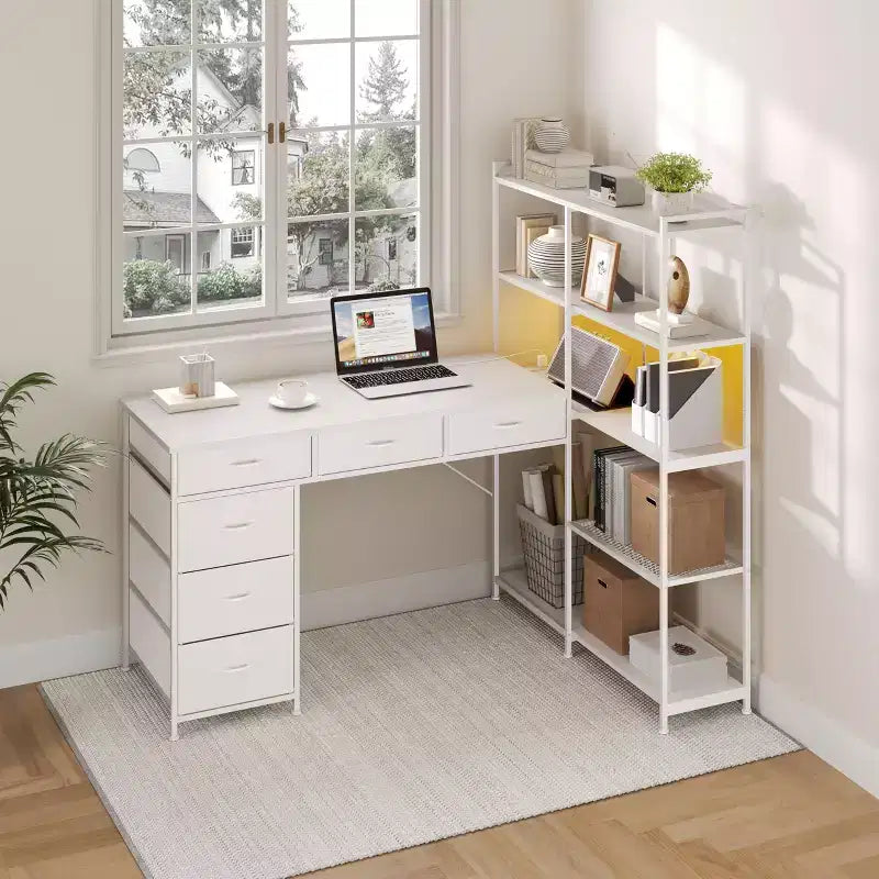 Scrivania da gaming a L per computer con 6 cassetti in tessuto e mensole aperte, scrivania angolare per PC gaming per configurazione Home Office