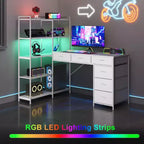 Scrivania da gaming a L per computer con 6 cassetti in tessuto e mensole aperte, scrivania angolare per PC gaming per configurazione Home Office