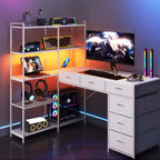 Scrivania da gaming a L per computer con 6 cassetti in tessuto e mensole aperte, scrivania angolare per PC gaming per configurazione Home Office
