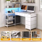 Scrivania da gaming a L per computer con 6 cassetti in tessuto e mensole aperte, scrivania angolare per PC gaming per configurazione Home Office