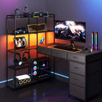 Scrivania da gaming a L per computer con 6 cassetti in tessuto e mensole aperte, scrivania angolare per PC gaming per configurazione Home Office