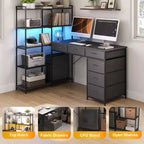 Scrivania da gaming a L per computer con 6 cassetti in tessuto e mensole aperte, scrivania angolare per PC gaming per configurazione Home Office
