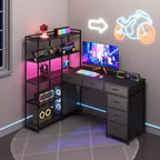 L-Shaped Gaming Computer Desk with 6 Fabric Drawers & Open Shelves, Corner PC Gaming Desk for Home Office Setup