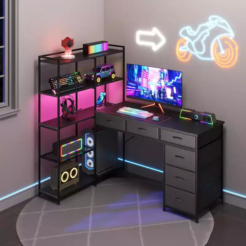 L-Shaped Gaming Computer Desk with 6 Fabric Drawers & Open Shelves, Corner PC Gaming Desk for Home Office Setup