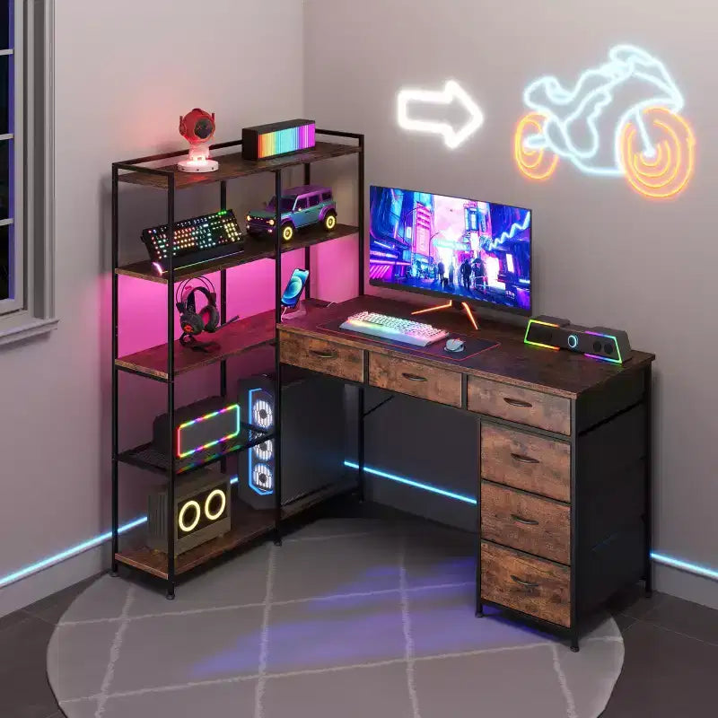 Scrivania da gaming a L per computer con 6 cassetti in tessuto e mensole aperte, scrivania angolare per PC gaming per configurazione Home Office