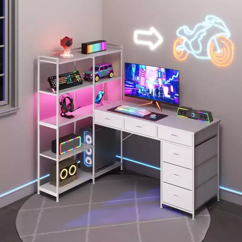 Scrivania da gaming a L per computer con 6 cassetti in tessuto e mensole aperte, scrivania angolare per PC gaming per configurazione Home Office