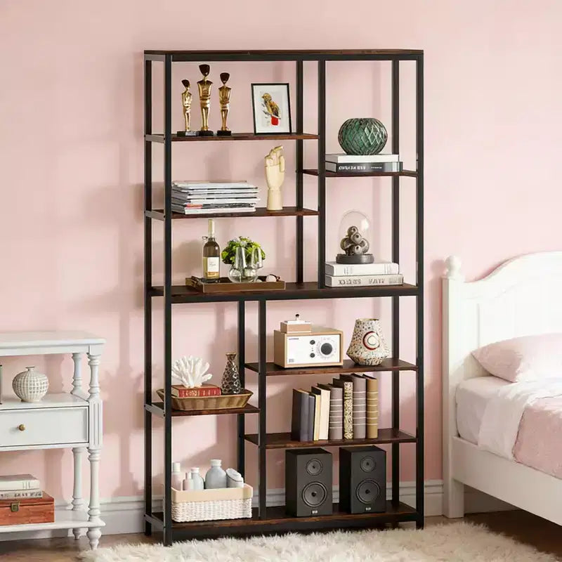 NAYSAYE Tall Bookcase Shelving Staggered Etagere Metal Wood Display Shelf Versatile Storage Rack for Living Room Office, Black, 39.4*11.82*78.8