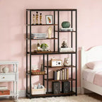 NAYSAYE Tall Bookcase Shelving Staggered Etagere Metal Wood Display Shelf Versatile Storage Rack for Living Room Office, Black, 39.4*11.82*78.8