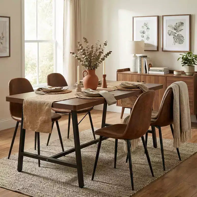 Set da pranzo di 5 pezzi con 4 sedie in camoscio e tavolo in legno MDF con gambe in metallo