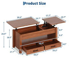 Tavolino con piano sollevabile e vano portaoggetti nascosto, tavolino da salotto rustico da 119 cm con 2 cassetti, piano in legno regolabile per soggiorno