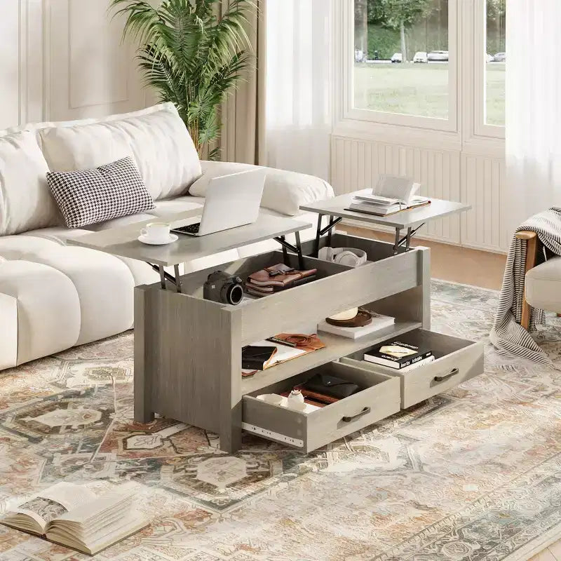 Tavolino con piano sollevabile e vano portaoggetti nascosto, tavolino da salotto rustico da 119 cm con 2 cassetti, piano in legno regolabile per soggiorno