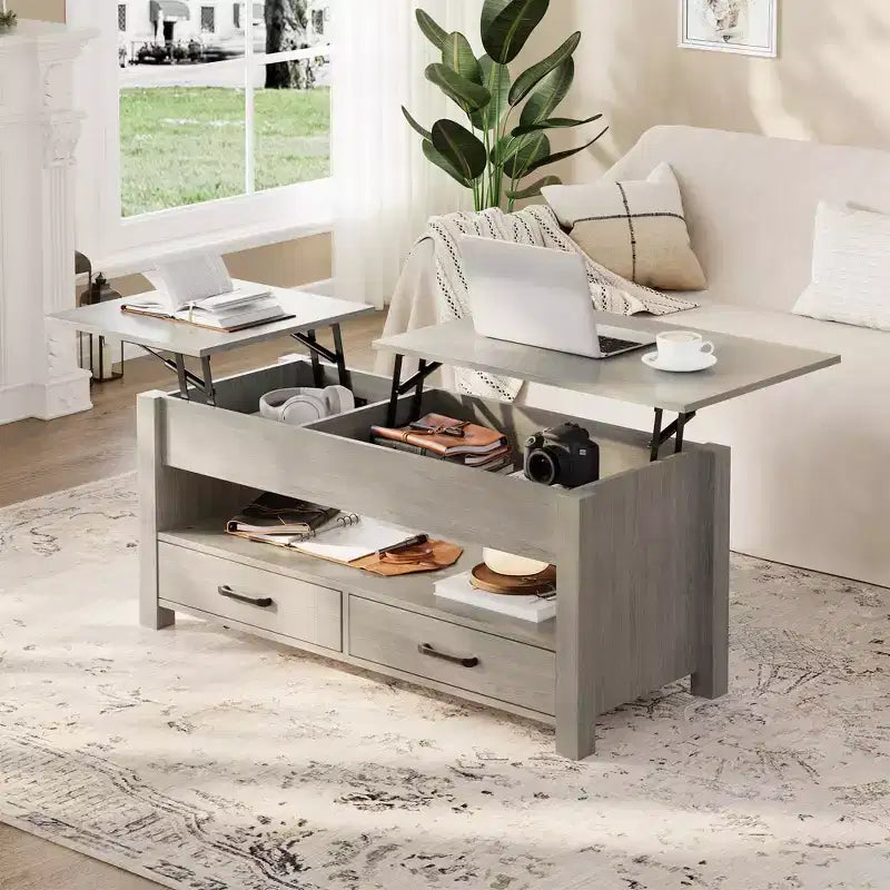 Tavolino con piano sollevabile e vano portaoggetti nascosto, tavolino da salotto rustico da 119 cm con 2 cassetti, piano in legno regolabile per soggiorno