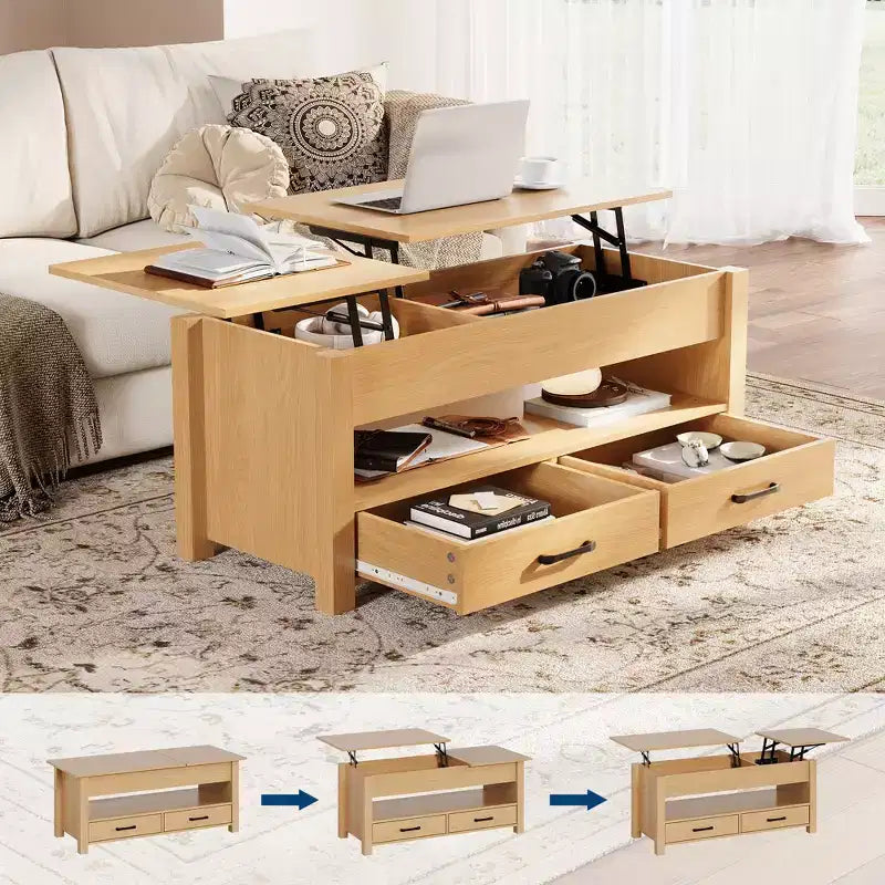 Tavolino con piano sollevabile e vano portaoggetti nascosto, tavolino da salotto rustico da 119 cm con 2 cassetti, piano in legno regolabile per soggiorno