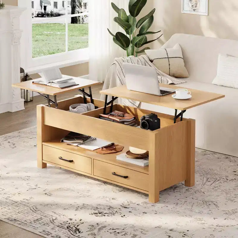 Tavolino con piano sollevabile e vano portaoggetti nascosto, tavolino da salotto rustico da 119 cm con 2 cassetti, piano in legno regolabile per soggiorno