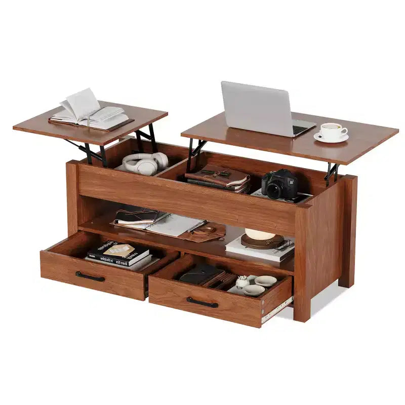 Tavolino con piano sollevabile e vano portaoggetti nascosto, tavolino da salotto rustico da 119 cm con 2 cassetti, piano in legno regolabile per soggiorno