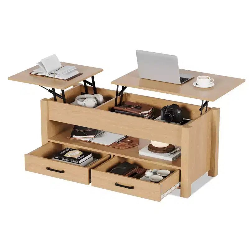 Tavolino con piano sollevabile e vano portaoggetti nascosto, tavolino da salotto rustico da 119 cm con 2 cassetti, piano in legno regolabile per soggiorno