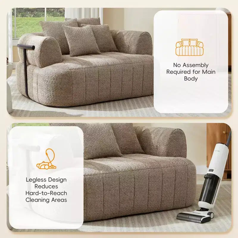 Divano letto Cloud con seduta profonda oversize in Boucle da 64" con 4 cuscini e supporto in metallo