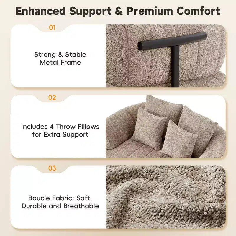 Divano letto Cloud con seduta profonda oversize in Boucle da 64" con 4 cuscini e supporto in metallo