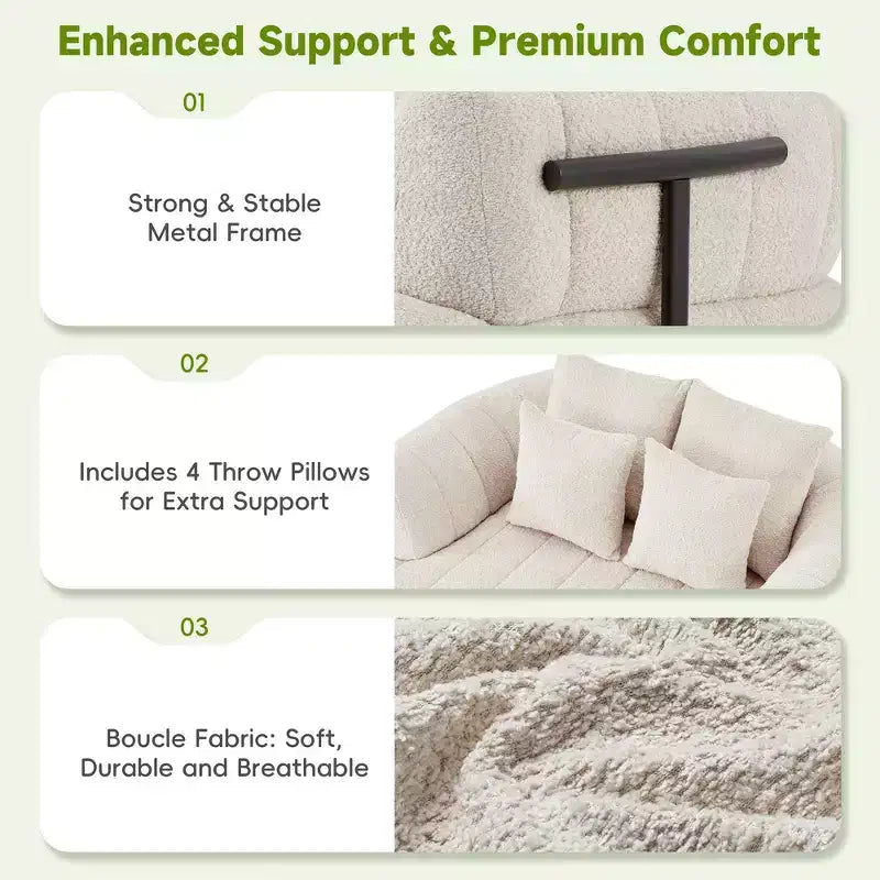 Divano letto Cloud con seduta profonda oversize in Boucle da 64" con 4 cuscini e supporto in metallo