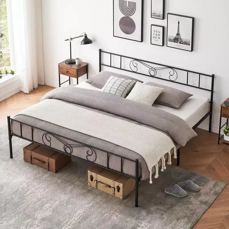 King Size Metal Bed Frame with Headboard and Footboard, King Platform Bed Frame, Heavy Duty Slats Support, No Box Spring Needed, Noise Free, Black