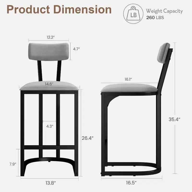 Set di 2 Sgabelli da Bar Altezza Bancone con Supporto Ergonomico per la Schiena, Telaio Stabile in Metallo e Rivestimento in Velluto per Isola Cucina e Home Bar